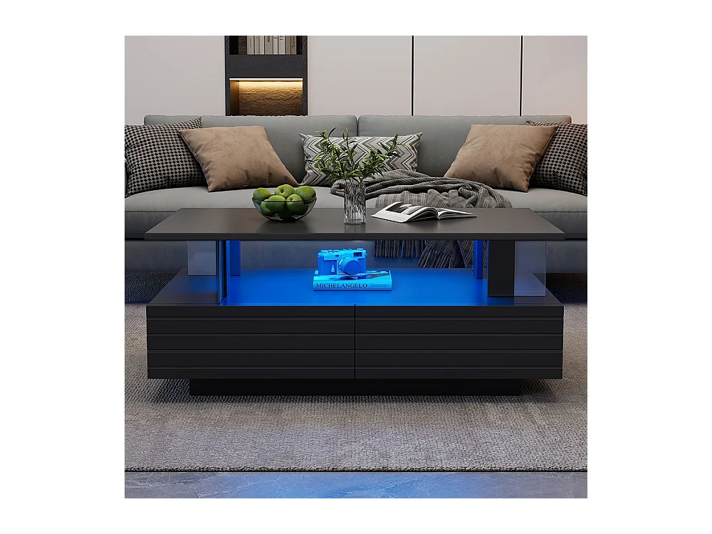 Table basse LED avec rangement table de salon en acrylique LED à double couche commande Bluetooth via application mobile noir