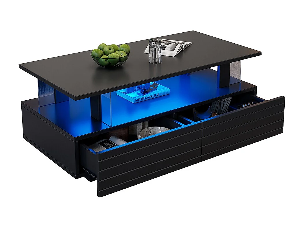 Table basse LED avec rangement table de salon en acrylique LED à double couche commande Bluetooth via application mobile noir