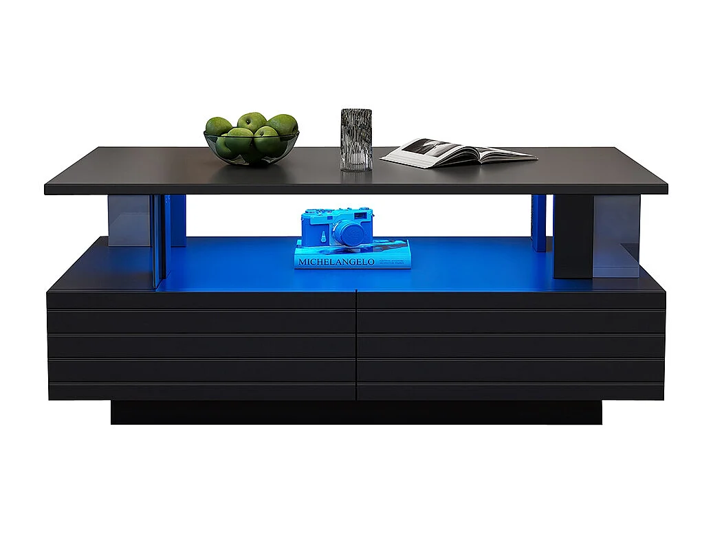 Table basse LED avec rangement table de salon en acrylique LED à double couche commande Bluetooth via application mobile noir