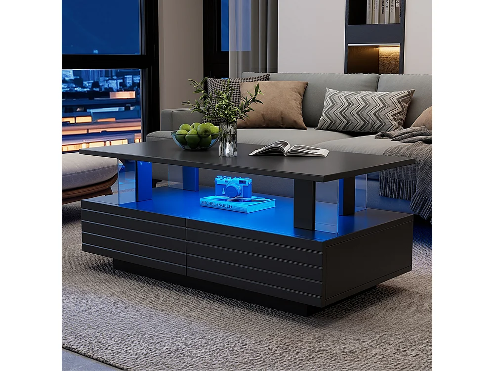 Table basse LED avec rangement table de salon en acrylique LED à double couche commande Bluetooth via application mobile noir