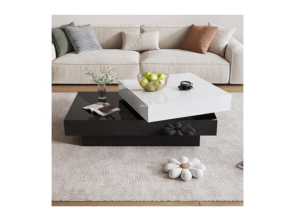 Table basse pivotante avec coutures noires et blanches table basse moderne et simple avec surface brillante table centrale à double couche en aggloméré