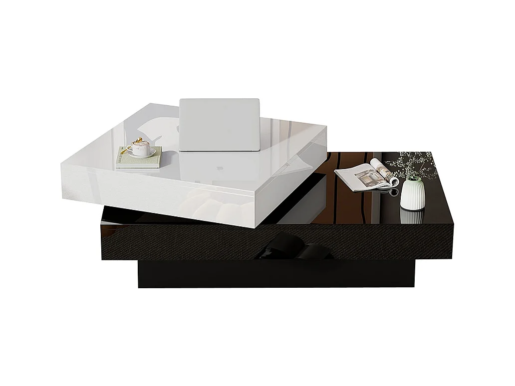 Table basse pivotante avec coutures noires et blanches table basse moderne et simple avec surface brillante table centrale à double couche en aggloméré