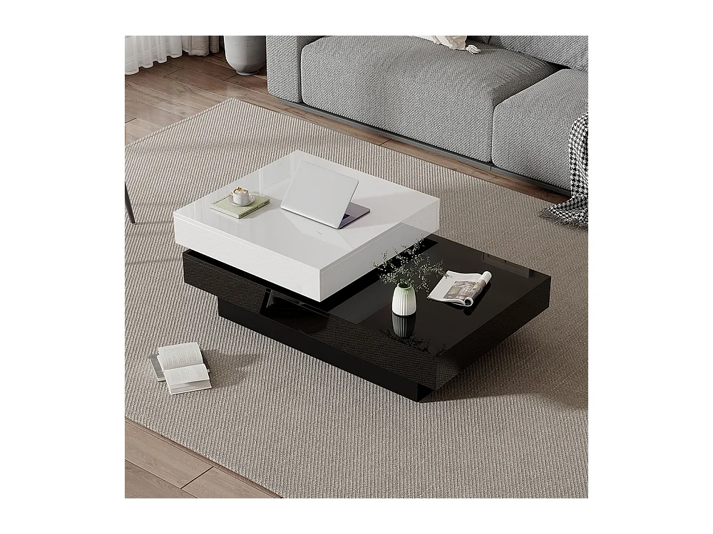 Table basse pivotante avec coutures noires et blanches table basse moderne et simple avec surface brillante table centrale à double couche en aggloméré