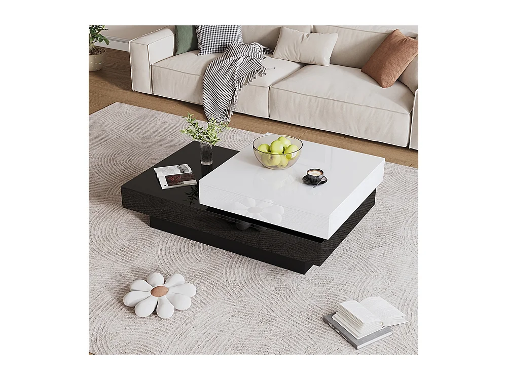 Table basse pivotante avec coutures noires et blanches table basse moderne et simple avec surface brillante table centrale à double couche en aggloméré