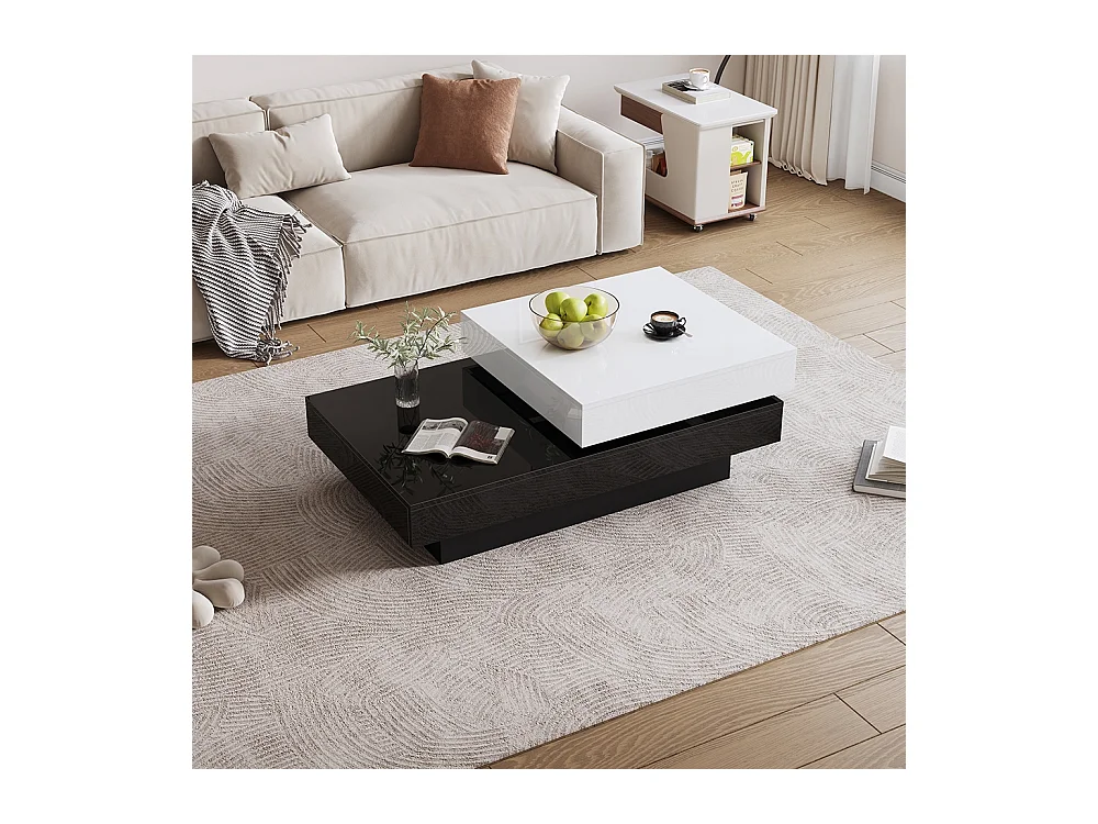 Table basse pivotante avec coutures noires et blanches table basse moderne et simple avec surface brillante table centrale à double couche en aggloméré