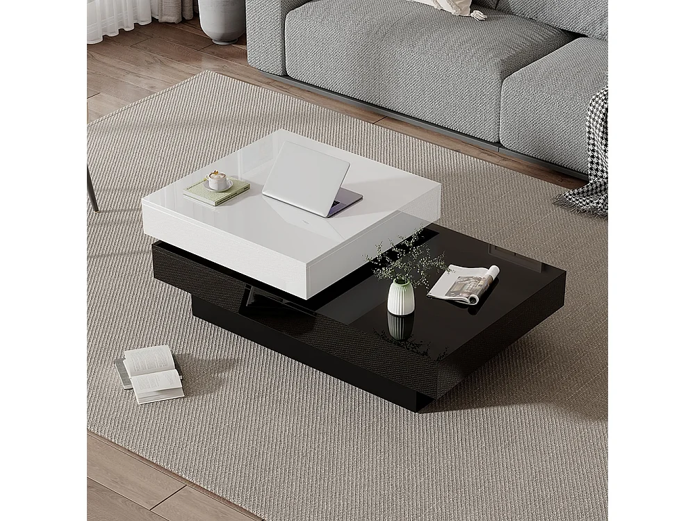 Table basse pivotante avec coutures noires et blanches table basse moderne et simple avec surface brillante table centrale à double couche en aggloméré