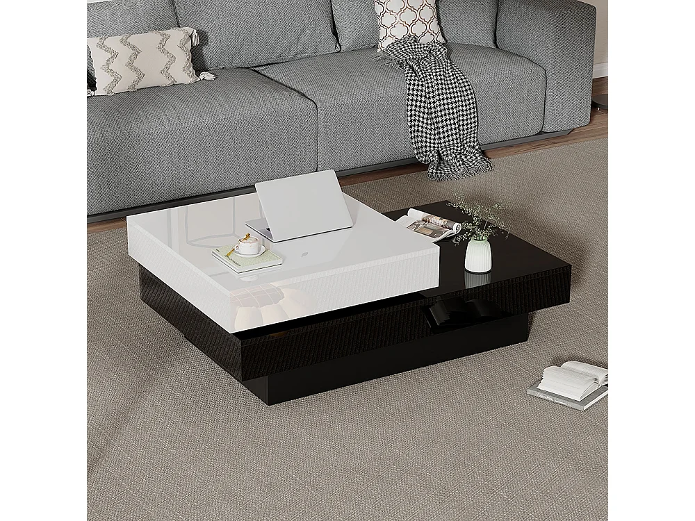 Table basse pivotante avec coutures noires et blanches table basse moderne et simple avec surface brillante table centrale à double couche en aggloméré