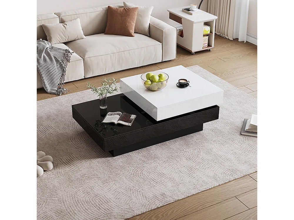 Table basse pivotante avec coutures noires et blanches table basse moderne et simple avec surface brillante table centrale à double couche en aggloméré