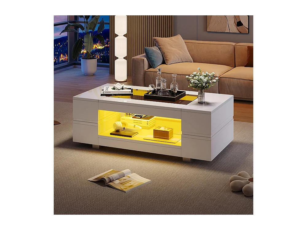Table basse LED avec commande Bluetooth par application table double couche design creux brillant pour fêtes bureaux et salons blanc