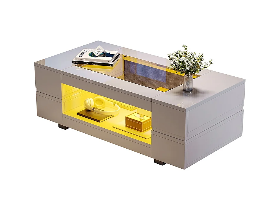 Table basse LED avec commande Bluetooth par application table double couche design creux brillant pour fêtes bureaux et salons blanc