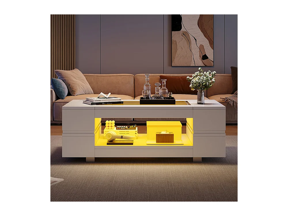 Table basse LED avec commande Bluetooth par application table double couche design creux brillant pour fêtes bureaux et salons blanc