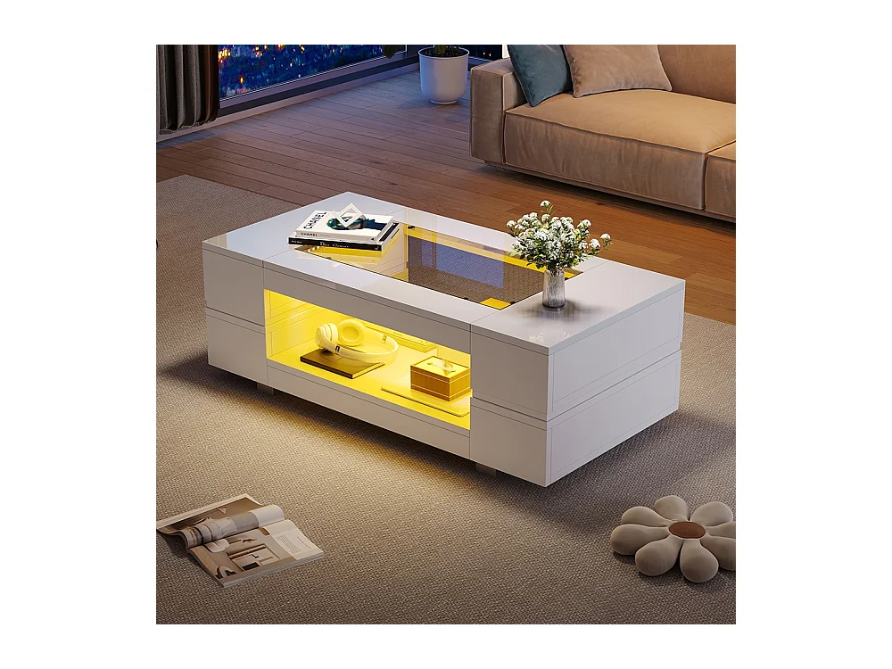 Table basse LED avec commande Bluetooth par application table double couche design creux brillant pour fêtes bureaux et salons blanc