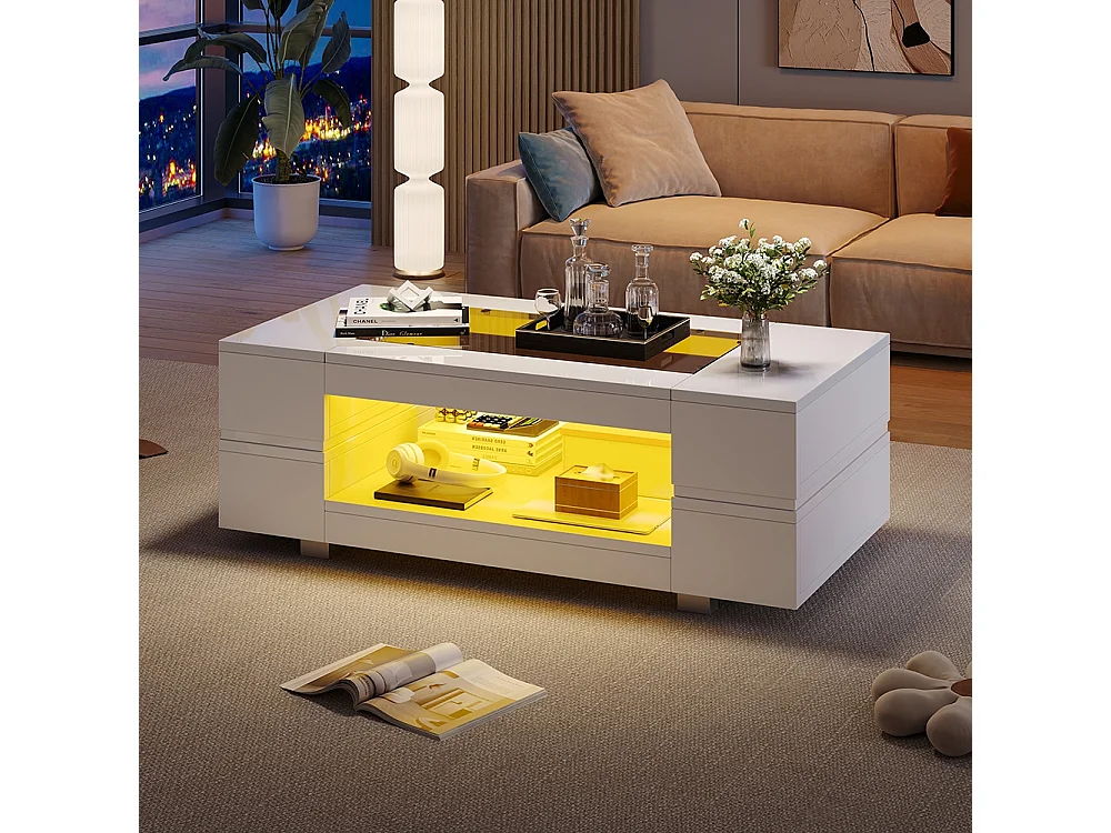 Table basse LED avec commande Bluetooth par application table double couche design creux brillant pour fêtes bureaux et salons blanc