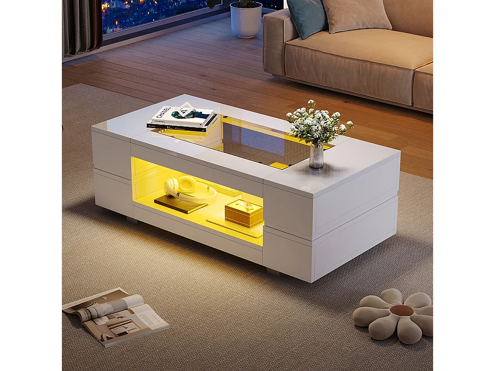 Table basse LED avec commande Bluetooth par application table double couche design creux brillant pour fêtes bureaux et salons blanc