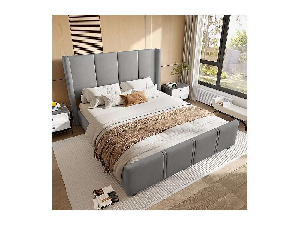 Cadre de lit rembourré 160x200 cm tête et pied de lit hauts port USB fer et bois gris
