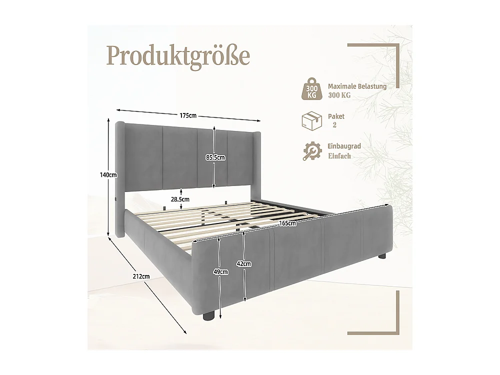 Cadre de lit rembourré 160x200 cm tête et pied de lit hauts port USB fer et bois gris