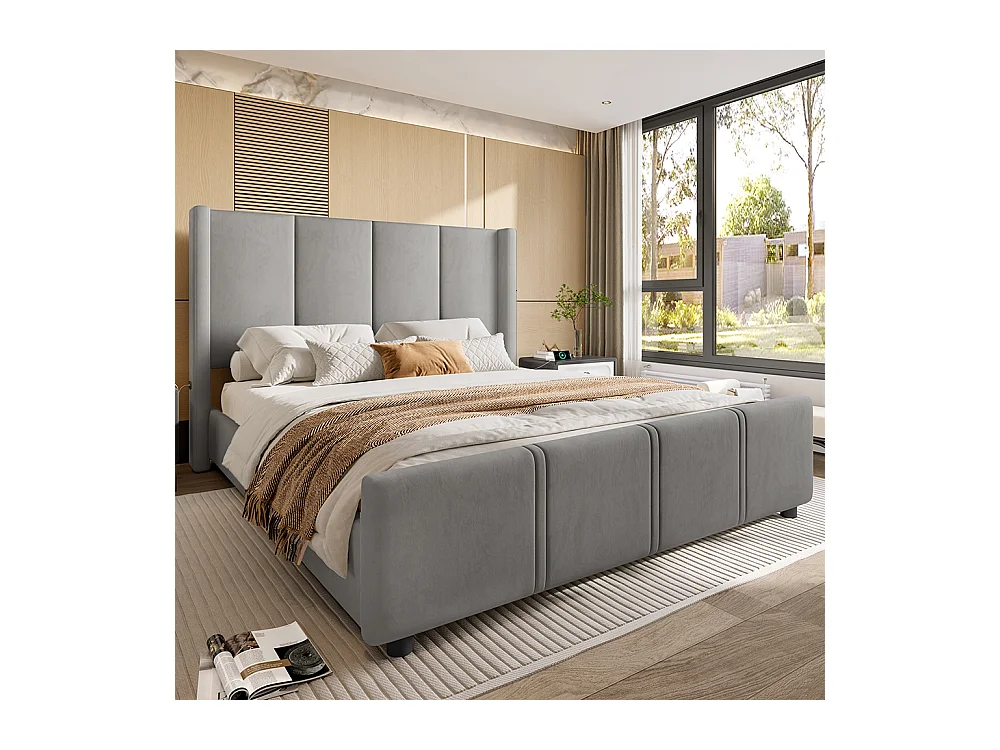 Cadre de lit rembourré 160x200 cm tête et pied de lit hauts port USB fer et bois gris