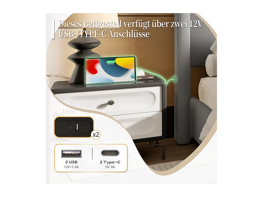 Cadre de lit rembourré 160x200 cm tête et pied de lit hauts port USB fer et bois gris