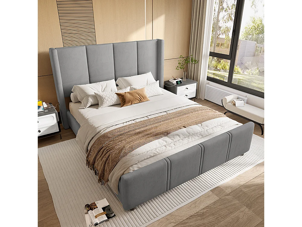 Cadre de lit rembourré 160x200 cm tête et pied de lit hauts port USB fer et bois gris