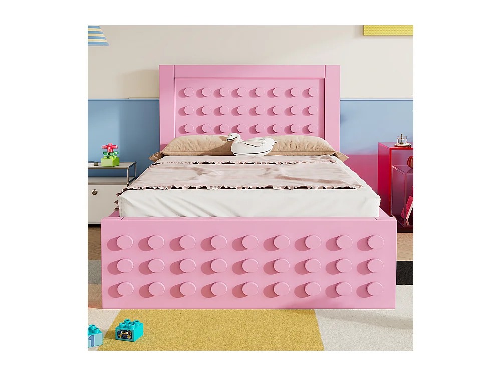 lit avec rangement 90x190 cm lit enfant/ado avec design créatif en blocs cadre en bois massif avec sommier à lattes tiroirs rose