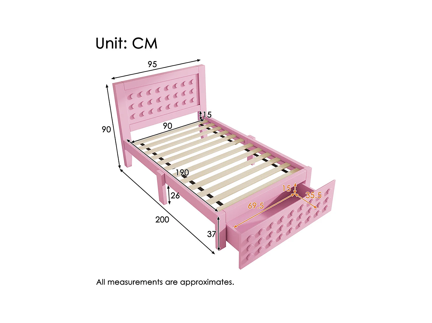 lit avec rangement 90x190 cm lit enfant/ado avec design créatif en blocs cadre en bois massif avec sommier à lattes tiroirs rose