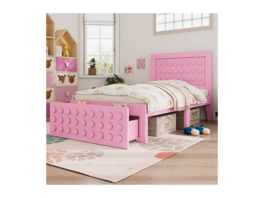 lit avec rangement 90x190 cm lit enfant/ado avec design créatif en blocs cadre en bois massif avec sommier à lattes tiroirs rose