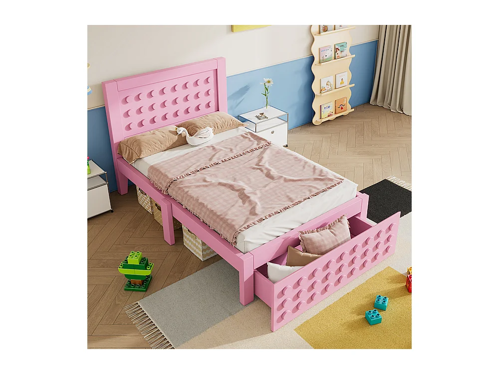 lit avec rangement 90x190 cm lit enfant/ado avec design créatif en blocs cadre en bois massif avec sommier à lattes tiroirs rose
