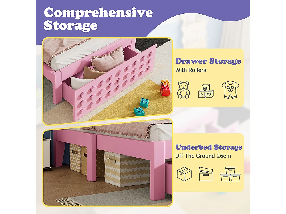 lit avec rangement 90x190 cm lit enfant/ado avec design créatif en blocs cadre en bois massif avec sommier à lattes tiroirs rose