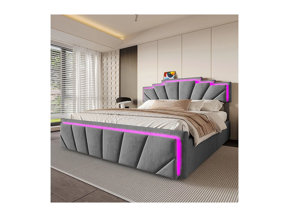 Lit avec rangement 140x200 cm tête de lit trapézoïdale LED intégrée réglable en hauteur avec ports USB-C et 2 tiroirs gris foncé