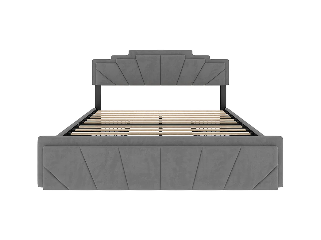 Lit avec rangement 140x200 cm tête de lit trapézoïdale LED intégrée réglable en hauteur avec ports USB-C et 2 tiroirs gris foncé