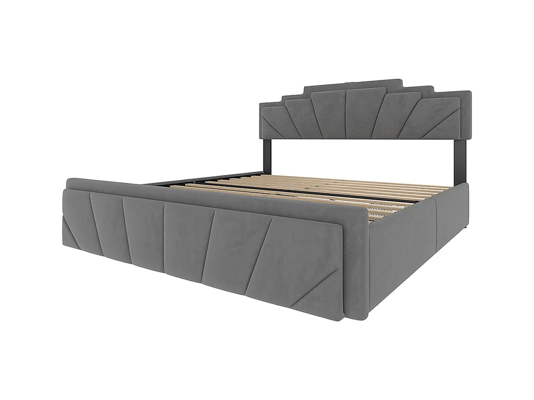 Lit avec rangement 140x200 cm tête de lit trapézoïdale LED intégrée réglable en hauteur avec ports USB-C et 2 tiroirs gris foncé