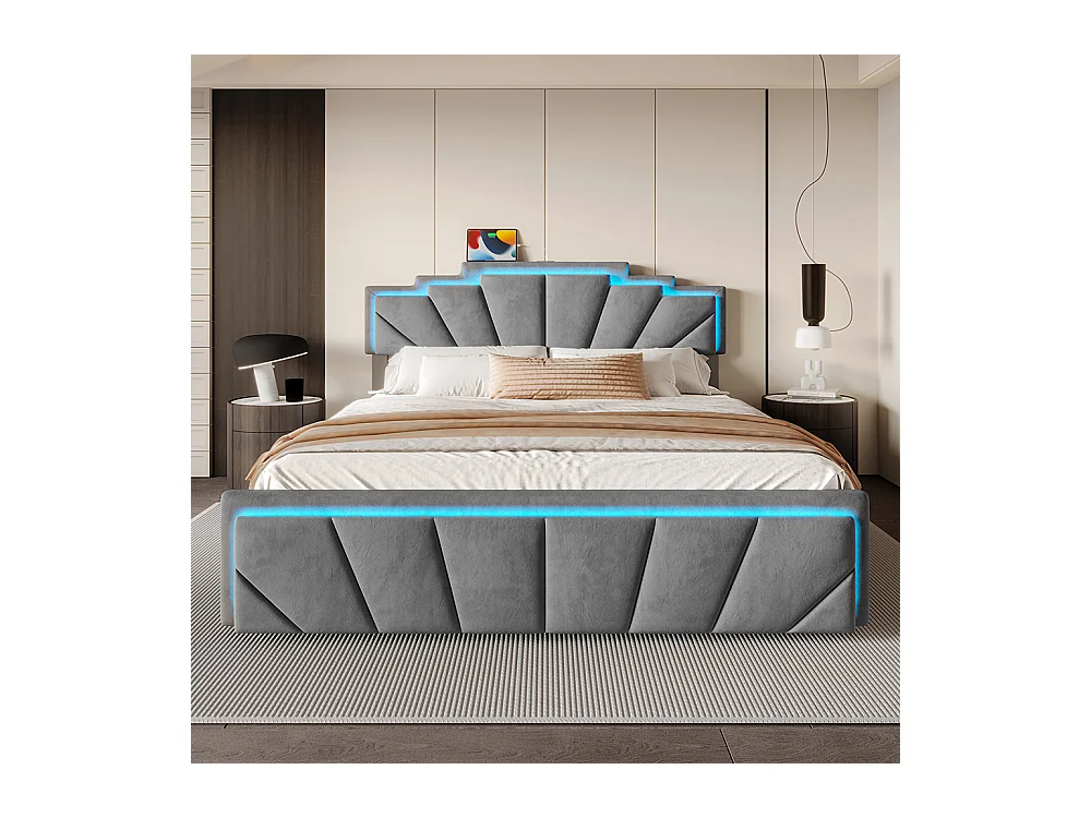 Lit avec rangement 140x200 cm tête de lit trapézoïdale LED intégrée réglable en hauteur avec ports USB-C et 2 tiroirs gris foncé