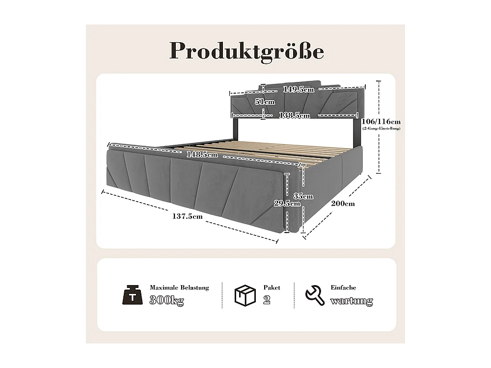 Lit avec rangement 140x200 cm tête de lit trapézoïdale LED intégrée réglable en hauteur avec ports USB-C et 2 tiroirs gris foncé
