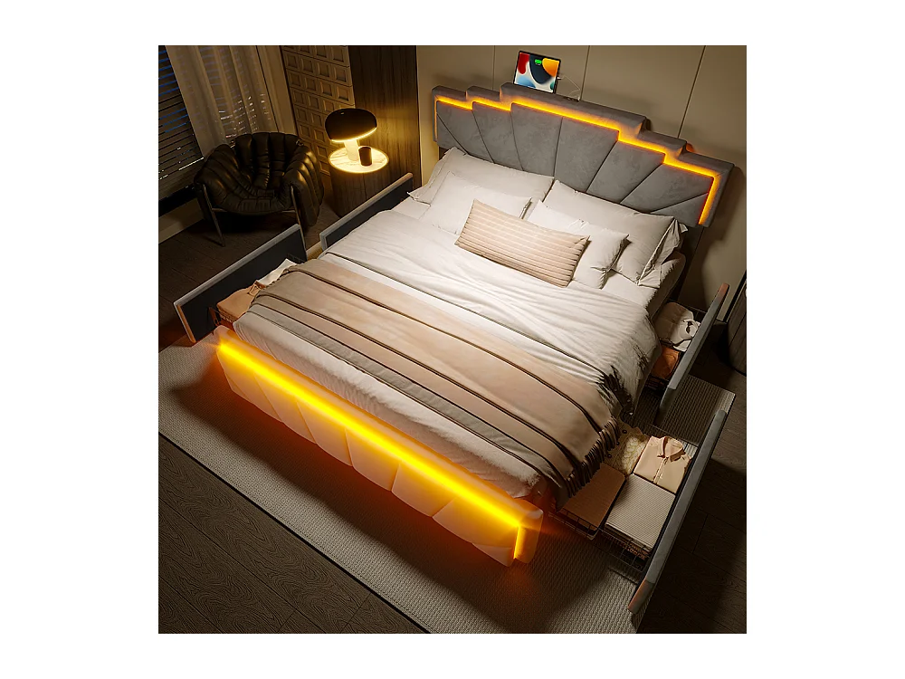 Lit avec rangement 140x200 cm tête de lit trapézoïdale LED intégrée réglable en hauteur avec ports USB-C et 2 tiroirs gris foncé