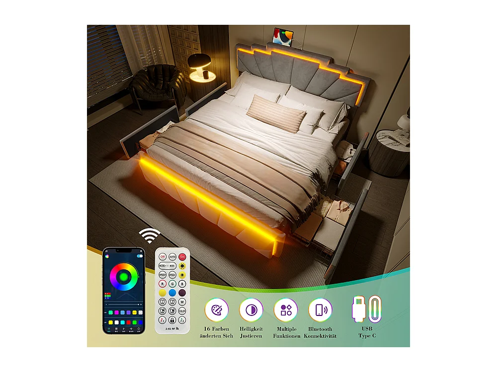 Lit avec rangement 140x200 cm tête de lit trapézoïdale LED intégrée réglable en hauteur avec ports USB-C et 2 tiroirs gris foncé