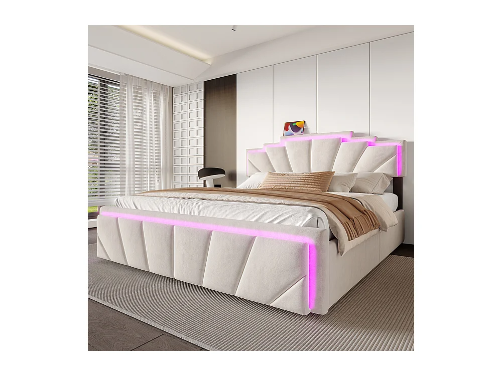 Lit avec rangement 140x200 cm tête de lit trapézoïdale LED intégrée réglable en hauteur avec ports USB-C et 2 tiroirs beige