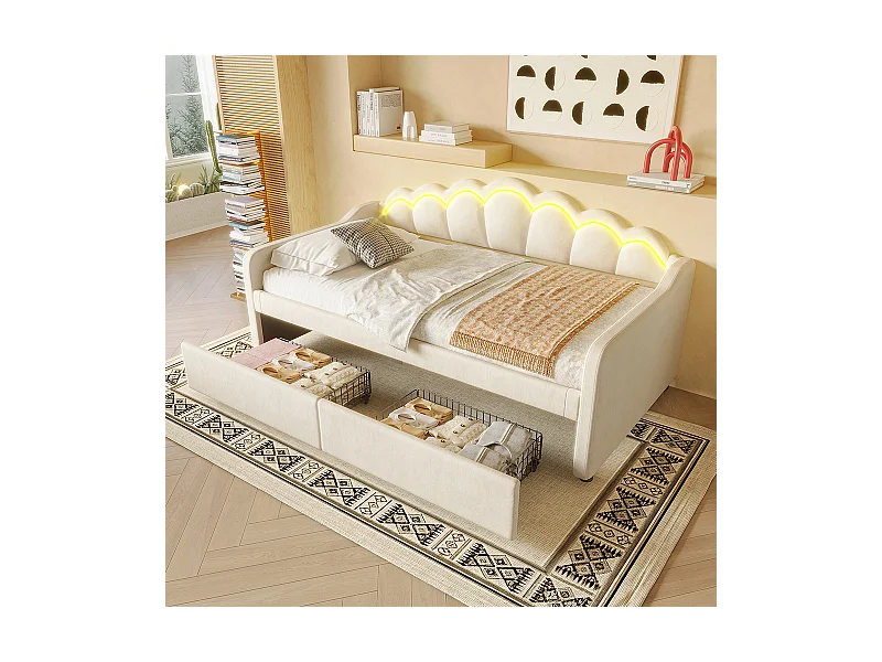 Lit avec rangement 90x200 cm lit de jour avec tiroirs canapé-lit lit simple velours bande LED à couleurs changeantes beige