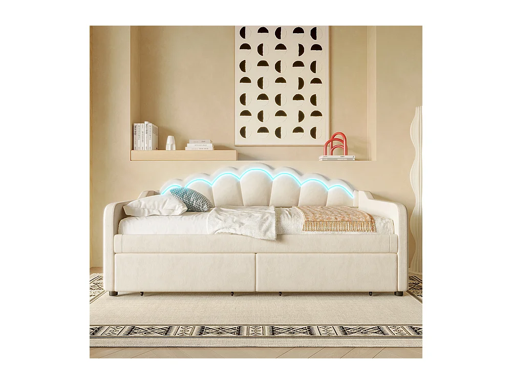 Lit avec rangement 90x200 cm lit de jour avec tiroirs canapé-lit lit simple velours bande LED à couleurs changeantes beige