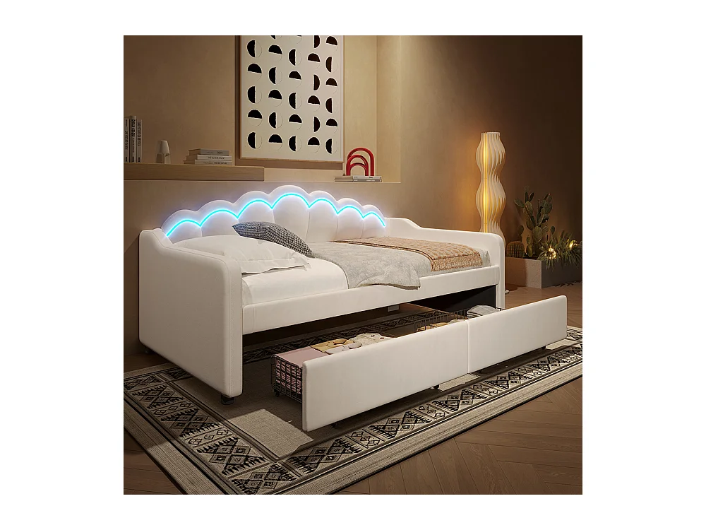 Lit avec rangement 90x200 cm lit de jour avec tiroirs canapé-lit lit simple velours bande LED à couleurs changeantes beige