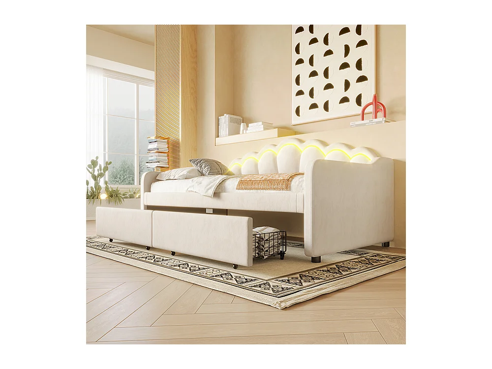 Lit avec rangement 90x200 cm lit de jour avec tiroirs canapé-lit lit simple velours bande LED à couleurs changeantes beige