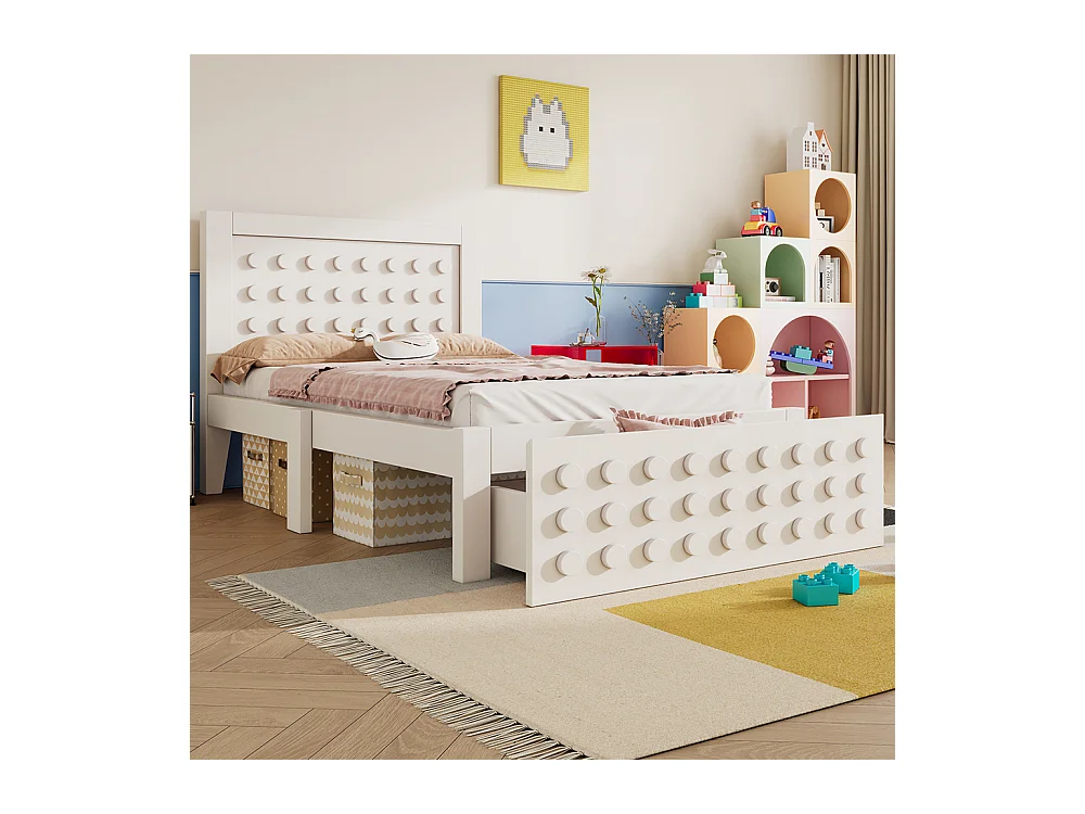 lit avec rangement 90x190 cm lit enfant/ado avec design créatif en blocs cadre en bois massif avec sommier à lattes tiroirs blanc