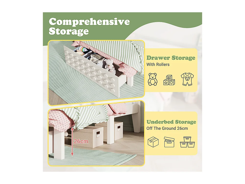 lit avec rangement 90x190 cm lit enfant/ado avec design créatif en blocs cadre en bois massif avec sommier à lattes tiroirs blanc