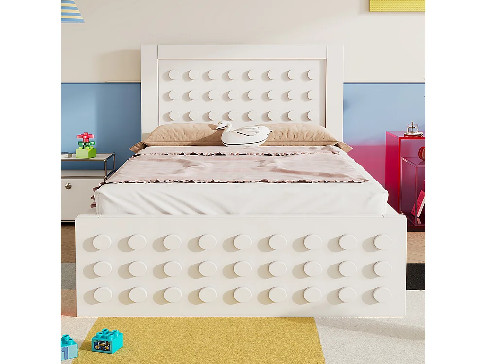lit avec rangement 90x190 cm lit enfant/ado avec design créatif en blocs cadre en bois massif avec sommier à lattes tiroirs blanc