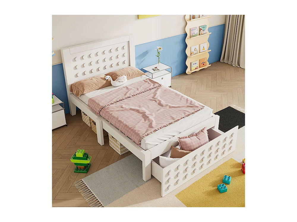 lit avec rangement 90x200 cm lit enfant/ado avec design créatif en blocs cadre en bois massif avec sommier à lattes tiroirs blanc