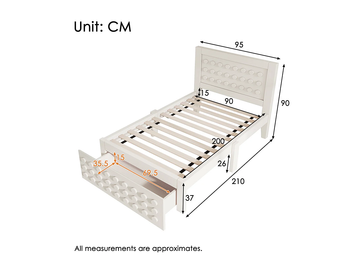 lit avec rangement 90x200 cm lit enfant/ado avec design créatif en blocs cadre en bois massif avec sommier à lattes tiroirs blanc