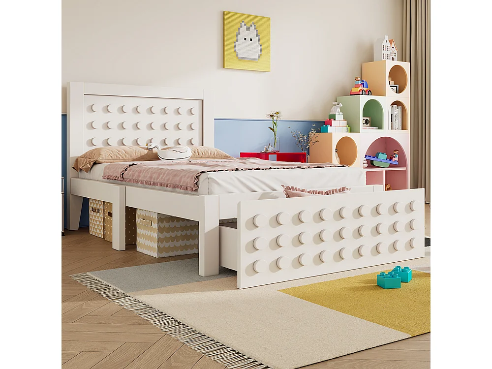lit avec rangement 90x200 cm lit enfant/ado avec design créatif en blocs cadre en bois massif avec sommier à lattes tiroirs blanc