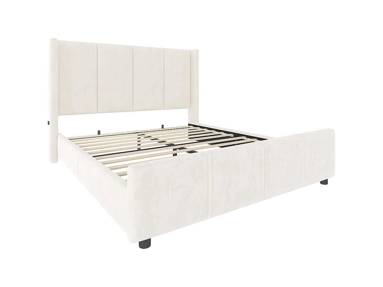 Cadre de lit rembourré 140x200 cm tête et pied de lit hauts port USB fer et bois beige