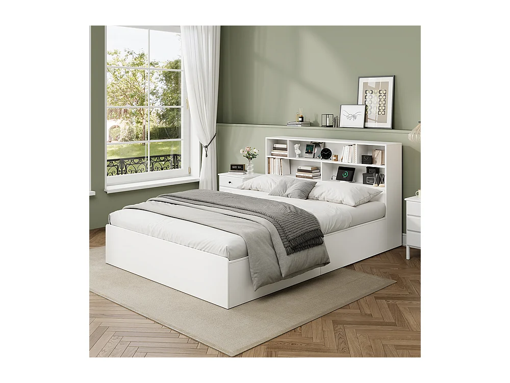 Lit avec rangement 140x200 cm lit double avec port USB avec coffre de rangement sous le lit avec espace de rangement blanc