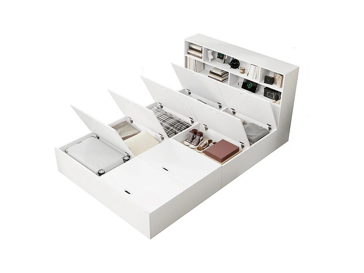 Lit avec rangement 140x200 cm lit double avec port USB avec coffre de rangement sous le lit avec espace de rangement blanc