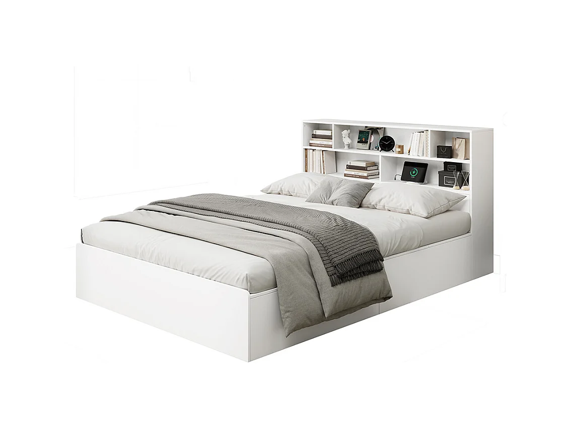 Lit avec rangement 140x200 cm lit double avec port USB avec coffre de rangement sous le lit avec espace de rangement blanc